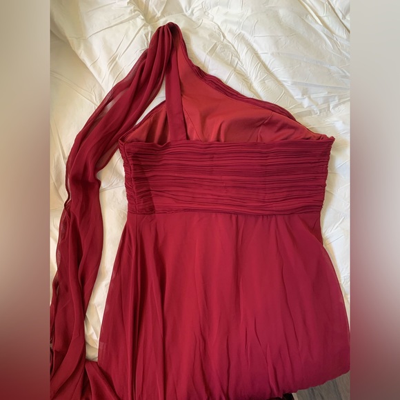 Pleated One Shoulder Long Chiffon Formal Evening Dress, Burgundy - Picture 3 of 7